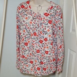 Style & Co. Red and White Petite Floral Print Peasent Blouse Size X-Large